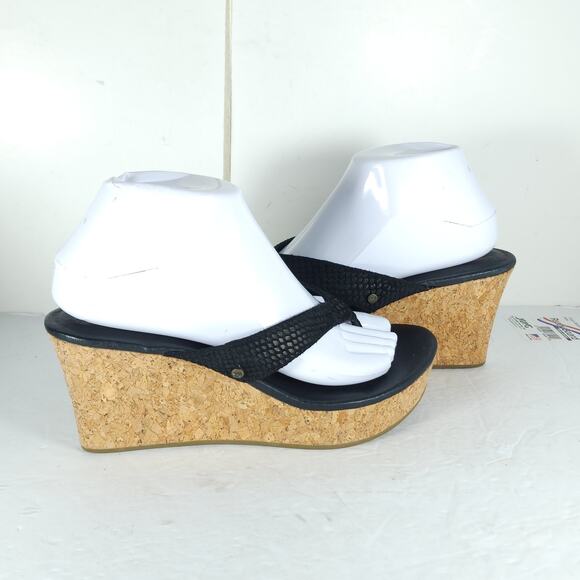UGG Women's Natassia US8 Black Leather SlipOn Cork Wedge Platform Thong Sandals - Picture 8 of 15